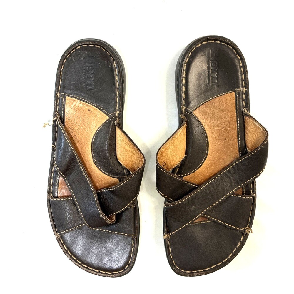 Born Brown Leather Sandals Criss Cross Straps Flat Slides Sz 7 Boho Vintage Y2K